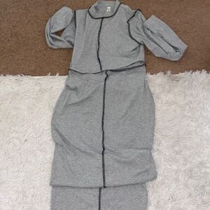 Gray Two-Piece long skirt with long sleeve crop top